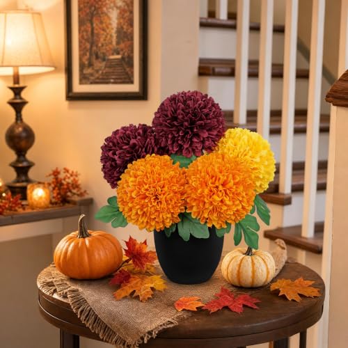 Image of Briful Artificial Mums - Realistic Silk Fall Chrysanthemums in Black Pot, Faux Potted Flowers for Home, Table Centerpiece, Porch, Indoor & Outdoor Autumn Decor
