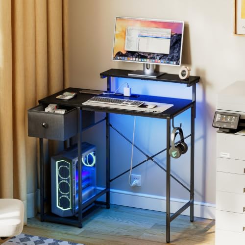 Image of X-cosrack 33.5 inch Small Gaming Desk with LED Lights & Power Outlets, Drawers | Computer Desk with Fabric Drawer & Side Hook, Reversible Table with Monitor Stand for Game Room, Bedroom, Carbon Fiber Black