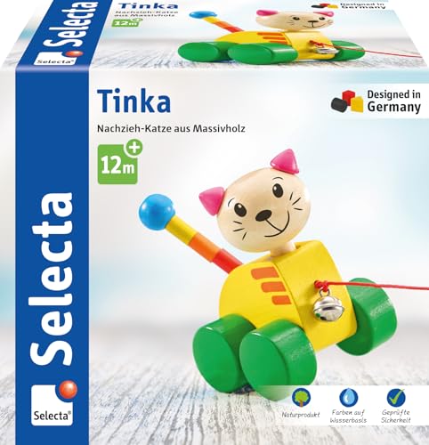 Selecta 62035 Tinka, Nachzieh Katze, Schiebe-und Nachziehspielzeug aus Holz, 12 cm