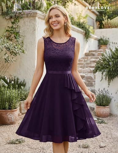 Image of BeryLove Womens Boat Neck A Line Sleeveless Lace Formal Homecoming Dress | Short Dress With Ruffle Hem, Sparkly Design Ideal For Wedding Guest,Bridesmaid Cocktail Prom & Evening Party Events