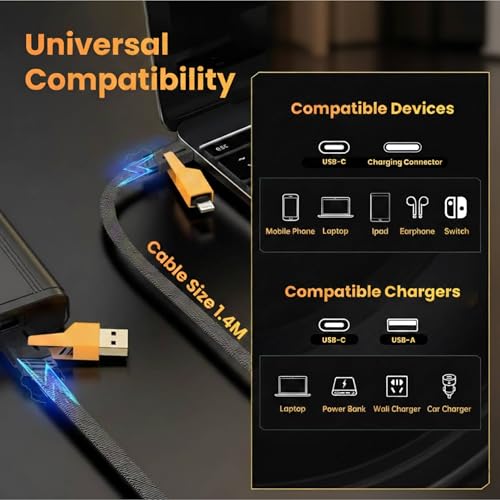 Image of 4-in-1 65W Fast Charging Braided Cable | Multi Charging Cable with Type-C & USB-A | 1.5m Durable Nylon Cable for Smartphones & Tablets