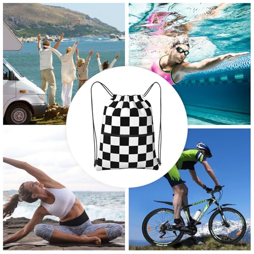 Image of Checkerboard Drawstring Bags, Outdoor Sports Black White Race Cinch String Bag, Waterproof Gym Drawstring Backpack, Men Women Large Capacity Cinch Sackpack with Zippered Pocket
