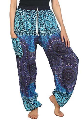 LOFBAZ Harem Pants for Women Yoga Boho Hippie Clothing Palazzo Bohemian Beach Maternity Pajama Indian Travel Gypsy Clothes Floral 1 Blue M