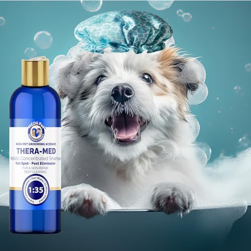 Image of THERA-MED Hypoallergenic Dog Shampoo - Natural Scent, Easy Rinse, Medicated Itch Relief, Vet-Grade Quality - 16 Oz Makes 4 Gallons - for Sensitive Dogs - Trusted Grooming Solution