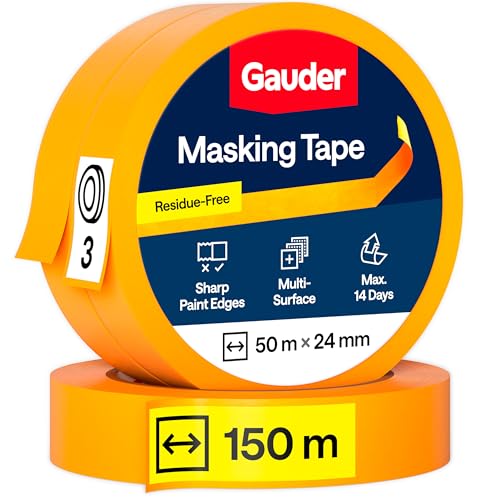 GAUDER Masking Tape - Premium Washi Painter's Tape for Precise Edges - Professional, Residue-Free Adhesive for Painting and Renovation (3 Rolls - 24 mm x 50 m)