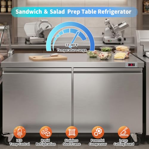 Image of 48.2 inch W Sandwich Salad Prep Table Refrigerator Commercial Refrigerator with 16 Pans Stainless Steel Fan Cooling Kitchen Equipment