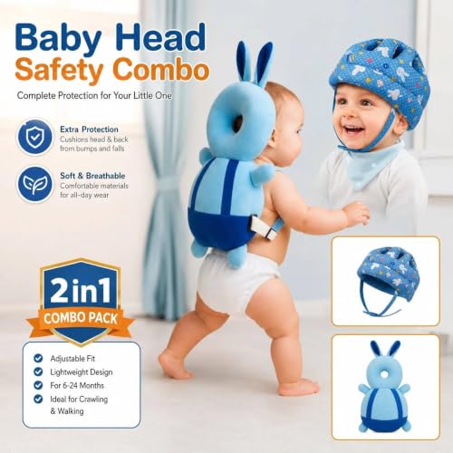 Image of NIBAR Baby Back Protector with Safety Helmet Combo, Blue Bunny Shape
