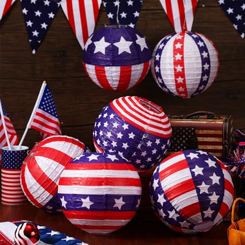 Image of Panelee 12 Pcs Patriotic Hanging Paper Lanterns 4th of July Party Decorations Red White and Blue Round Lanterns 8 Inch for Independence Day Office Classroom Party Supplies Indoor Outdoor