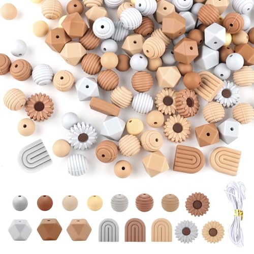 132 Stück Blumenförmige Silikonperlen Set Gänseblümchen Silikonperlen mit Löchern Bunte Bastelperlen mit Elastische Kordel DIY Bastelperlen Bulk für Armbänder Stifte Schlüsselanhänger