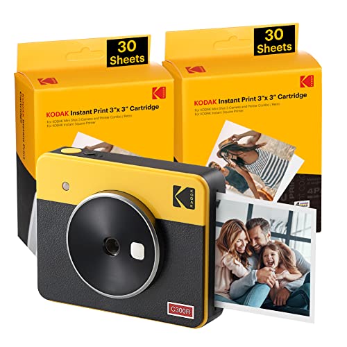 KODAK Mini Shot 3 Retro 4PASS 2-in-1 Instant Camera and Photo Printer (3×3 inches) + 68 Sheets Bundle, Yellow