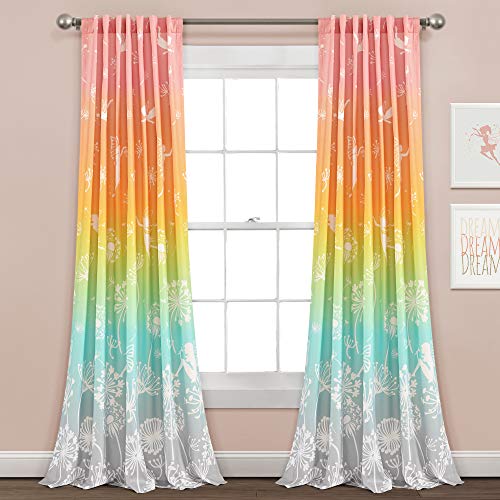 Lush Decor Dandelion Fairy Ombre Window Curtain Panel, Pair, 52'W x 84'L, Pastel Rainbow - Whimsical Floral Fantasy Curtains for Kids Room