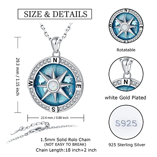 Navy-Anchor Travel-Map Rotatable Compass Necklace for Women Men,925 Sterling Silver Inspirational Nautical Dream Opal Compass Pendant Jewelry Graduation gifts for Men2