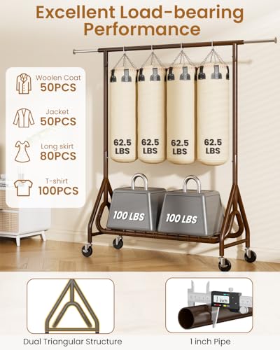 Image of Heavy Duty Clothing Rack, Metal Clothes Rack Load 450 LBS, Rolling Coat Racks for Hanging Clothes with Lockable Wheels, Wardrobe Closet Garment Racks for Bedroom, Brown