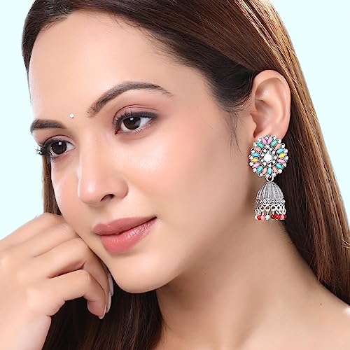 Image of Yellow Chimes Earrings for Women and Girls Traditional Silver Oxidised Jhumka German Silver Earring Set Dome Shaped Dangler Jhumki Earrings Combo | Birthday Gift For Girls and Women