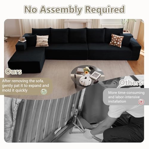 Image of 166.9 inch Cloud Sectional Couch with L-Shape Chaise, Modern Modular Comfy Sofa Chaise Longue, Upholstered Corduroy Couches Sleeper with Deep Seat for Living Room Bedroom, No Assembly Required, Black
