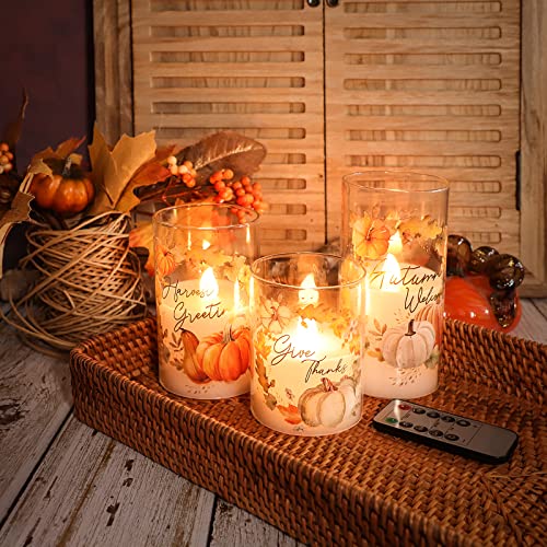 Image of Glass Flameless Candles Flickering Battery Operated with Remote Pumpkin Theme Farm House Realistic Pillar Candle for Fall Decor Havest Celebration Home Party, Set of 3