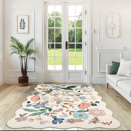 5x7 Living Room Area Rugs: Washable Floral Non-Slip Rug for Bedroom Dining Room Ultra Soft Carpet for Nursery Kitchen Home Office Farmhouse Thin Floor Mat for Teen Girls and Boys Dorms(5x7,Cream)