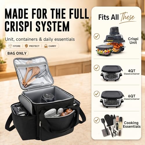 Image of Carrying Case for Ninja Crispi Air Fryer 4QT 6-Cup Glass Containers | 8mm EPE cushioning, wipe-clean PEVA lining, water-resistant Oxford, dual side pockets for travel, office, RV, camping