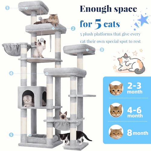 Image of Hey-brother Cat Tree Tower, Wide Base, 5 Platforms for Multi-Cats, MPJ074W | 72.8 Inches Tall Furniture, 5 Plush Beds, Large Condo, Big Hammocks, Sisal Scratching Posts, for Indoor Adult Cat, Light Gray