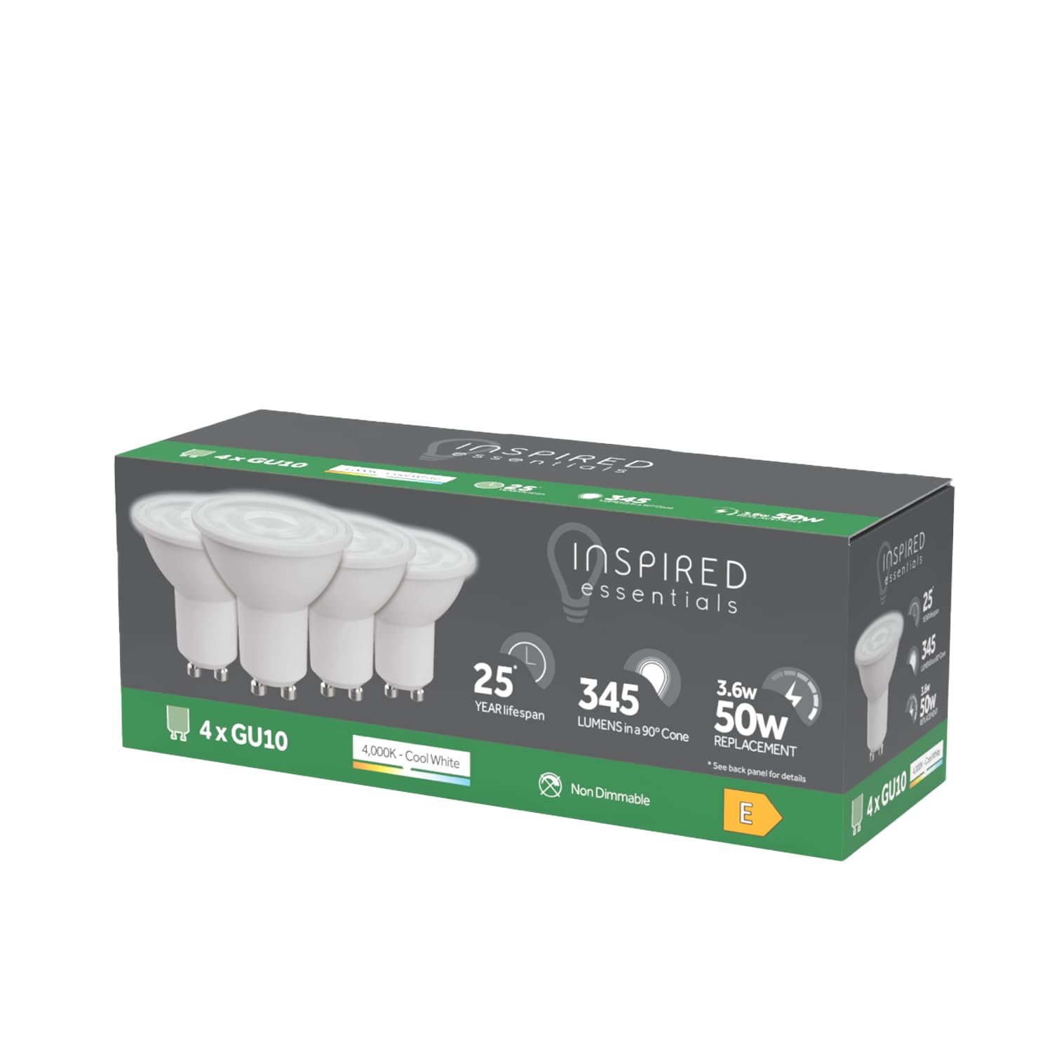 Inspired Essentials LED GU10 Spotlight Bulb 3.6W (50W Replacement) - Pack of 4 LED Bulbs - Cool White