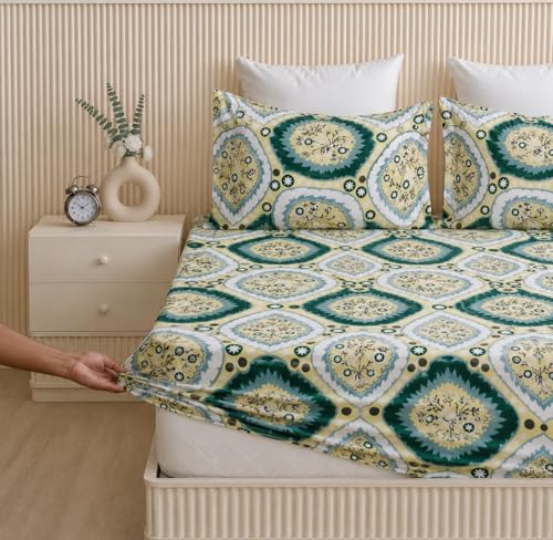 Image of 250 TC Glace-Cotton All Around Elastic Fitted Bedsheet, Elastic Fitted Bedsheet King Size Bedsheet for Double Bed with 2 Pillow Covers, Size - 72 x 78 x 8 Inch Color White