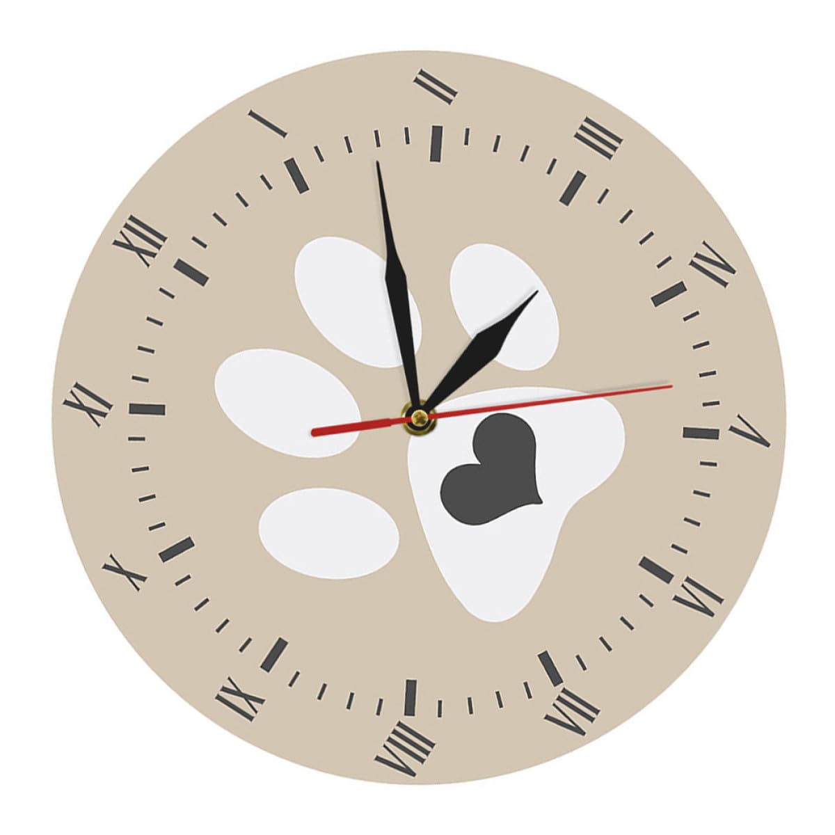 Horloge murale chic en acrylique kaki à motif empreinte de chien silencieuse pour décoration