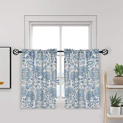 OREMILA Kitchen Curtains 24 Inch Floral Tier Curtains Farmhouse Cafe Curtains Multicolor Floral Printed Small Window Curtains for Laundry Room Bathroom, Rod Pocket 2 Panels, Blue Cover