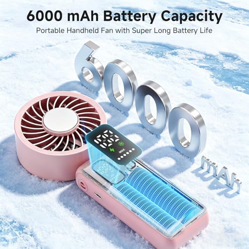 Image of ALLENERGY 3-in-1 Portable Handheld Fan, 6000mAh High-Speed Turbo Handheld Fan Rechargeable, 100 Speeds Stepless Adjustment Mini Personal Desk Fan for Travel, Camping, Outdoor,Pink