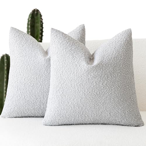Image of Foindtower Pack of 2 Textured Boucle Throw Pillow Covers Accent Solid Decorative Pillow Cases Cozy Woven Couch Cushion Case for Chair Sofa Bedroom Living Room Home Decor, 18 x 18 Inch,Light Grey