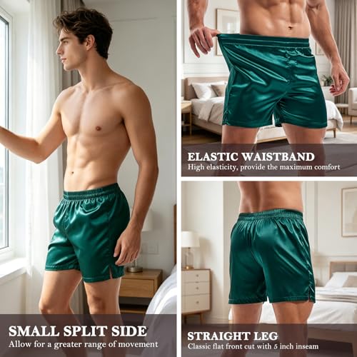 Image of AMY COULEE Mens Satin Boxer Shorts Silky Lightweight Pajama Bottoms Split Side Lounge Sleep Shorts