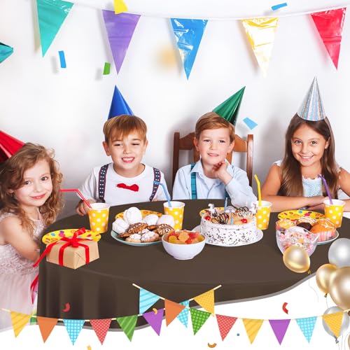 Image of tujol Brown 6 Pack Plastic Table Cloth 84 inch, Disposable Round Tablecloth Table Cover, Plastic Tablecloths for Parties