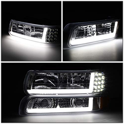 Image of DNA MOTORING Pair Headlight Assembly Compatible with 99-02 Silverado 1500 2500 /01-02 Silverado 1500 2500 HD, w /LED Daytime Running Light Bar, Chrome /Amber, HL-LB-CSIL99-CH-AM