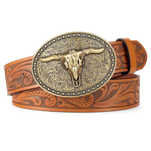 Cowboy Belt Western Belts for Men Women Cowgirl Rodeo Large Bull Buckle Western Leather Belt for Jeans