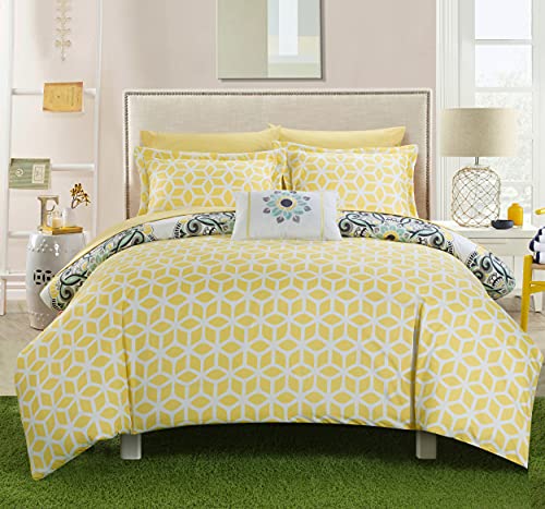 Chic Home Barcelona 8 Piece Reversible Comforter Set Super Soft Microfiber Large Printed Medallion Design With Geometric Patterned Backing Bed In A Bag With Sheet Set And Decorative Pillows Shams, Full/Queen Yellow #TOP1