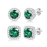 Dochais 2 Pares Pendientes Plata de ley 925 para Hombre Mujer Pendientes Diamante Zirconia Brillante Redondos Cuadrados Oro 14K Pendiente Hipoalergénicos Grandes para Hombres Mujer Unisex Plata Verde