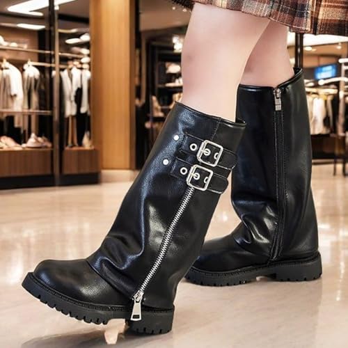 Mid Calf Boots for Girls Fold Over Zipper Buckle Riding Boot Wide Calf Platform Round Toe Chunky Low Heel Tall Boot Cowboy Riding Boots for Girl4