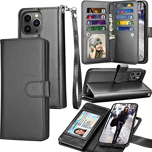 Tekcoo Wallet Case Compatible with iPhone 14 (6.1 inch) 2022 Luxury ID Cash Credit Card Slots Holder Carrying Pouch Folio Flip PU Leather Cover [Detachable Magnetic Hard Case] with Strap [Black]