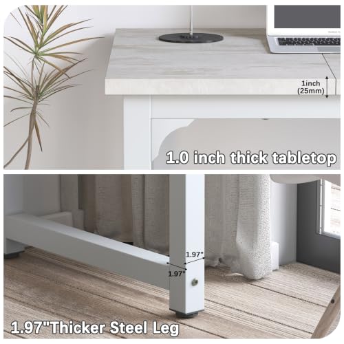 Image of NSdirect 63 inch Large Computer Desk,Modern Simple Style PC Table Office Desk Wide Workstation for Study Writing,Gaming and Home Office,Extra 1 inch Thicker Wooden Tabletop and Black Metal Frame,Stone White