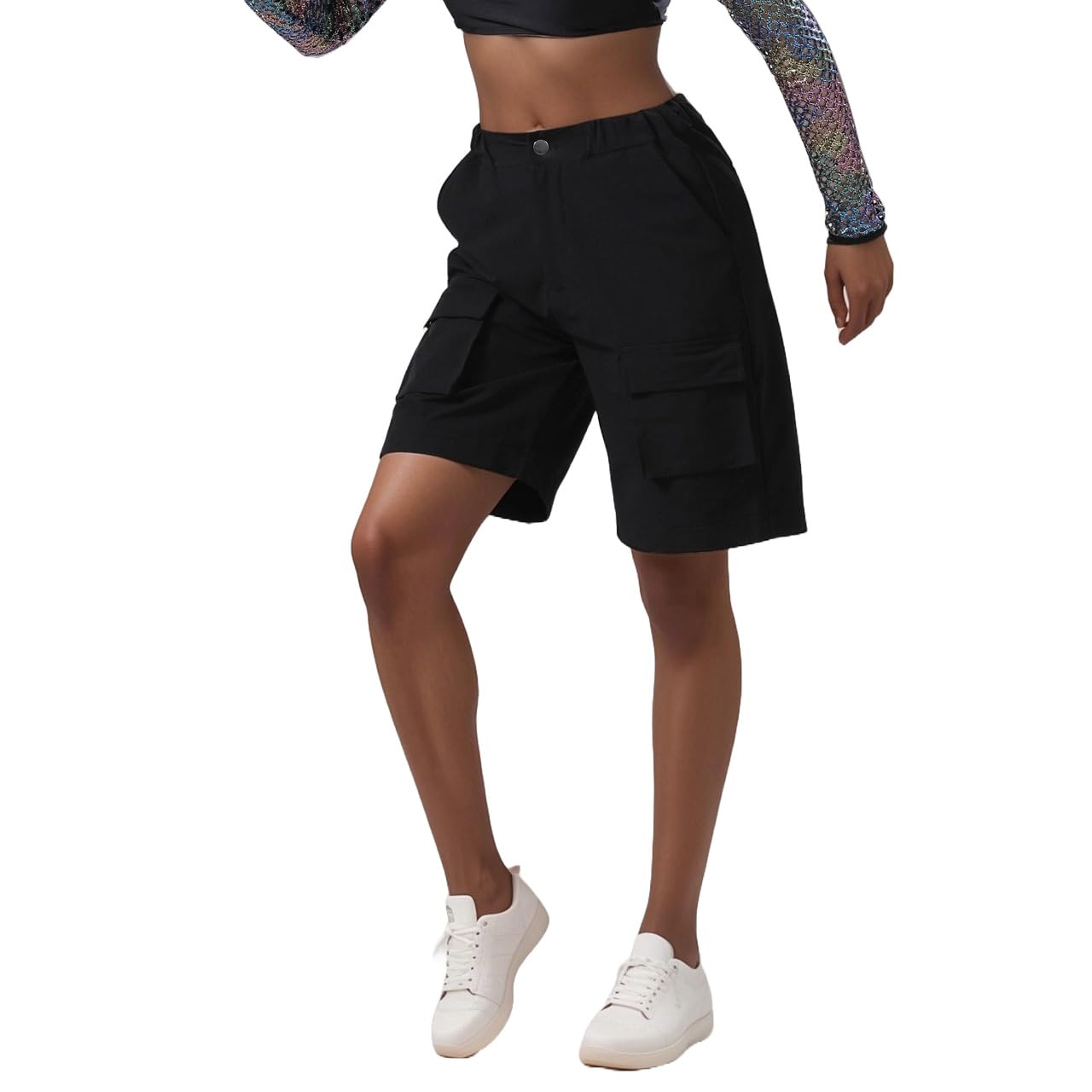 Jymme Hip Hop Dance Short Pants with 6 Pockets for Women and Girls, Elastic Waist Relaxed Fit Cargo Shorts Hip-Hop Dancewear