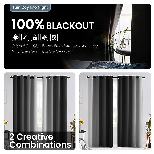 Image of SimpleHome Ombre 100% Blackout Curtains for Bedroom, Full Light Blocking Black and Greyish White Curtains, Thermal Insulated Grommet Window Drapes for Living Room,2 Panels, 52x72 inches Length