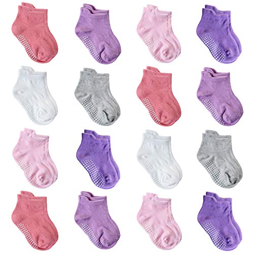 16 Pairs Non Skid Toddler Socks Anti Slip Baby Ankle Socks with Grips for Toddler Baby Boys Girls (16Pairs - Mixed Color A, 6-12 Months)