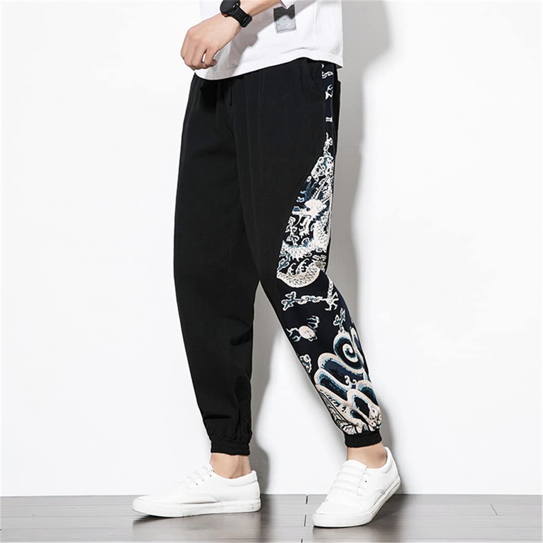 Tradizionale Stile Giapponese Haori Harem Pantaloni per gli Uomini Casual Cotone Lino Pantaloni Adulto Uomo Stampa Drago Cinese Kimono Nero 2XL