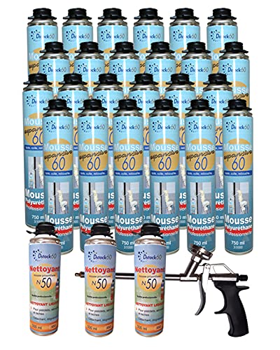Dstock60 - ENSEMBLE DE 24 MOUSSES EXPANSIVES PISTOLABLES 750 Ml + 1 PISTOLET + 3 NETTOYANTS MOUSSE - Mousse polyuréthane professionnelle - Isole, colle et rebouche - Extérieur et intérieur