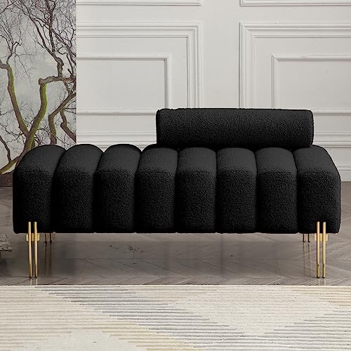 NIOIIKIT 532 Modern Loveseat Sofa Couch Upholstered Accent Sofa with Golden Legs and Adjustable Backrest Small Teddy Fleece Couches for Bedroom Living Room Compact Small Space Black