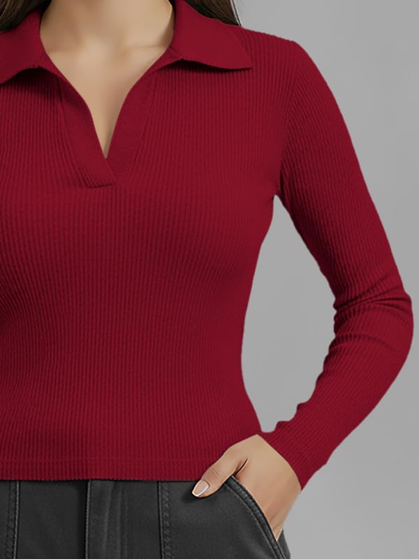 Image of Dream Beauty Fashion Women's Collared Neck Long Sleeve Slim Fit Casual Tee Top for Woman