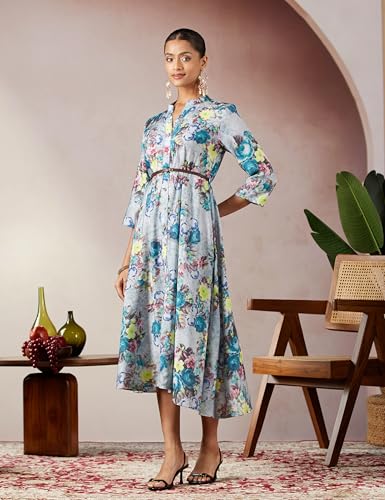 Image of BIBA Women Fit and Flare Below the Knee Rayon Flared Printed Dress