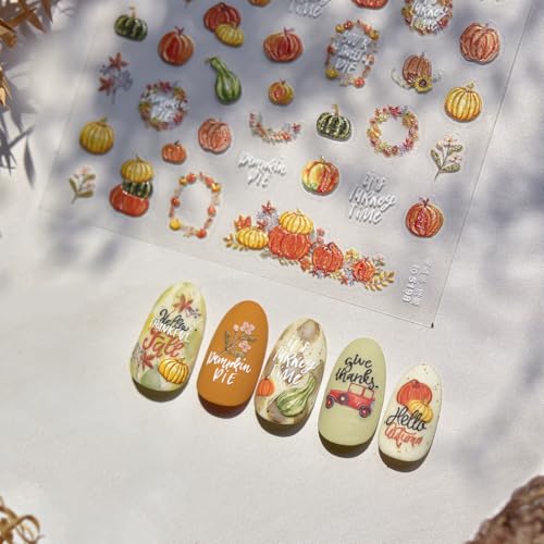 Image of Fall Nail Stickers Pumpkin Nail Art Decals Autumn Vegetable Nails Art Stickers 5D Embossed Self Adhesive Nails Decals for Women Girls Kid Manicure DIY Decoration Supply Accessories