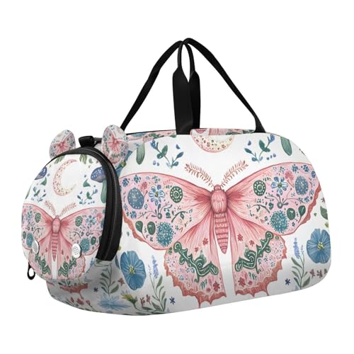 Duffle Bag for Boys or Girls with Shoes Compartment, Butterfly Mushroom Flower Sports Travel Bag Overnight