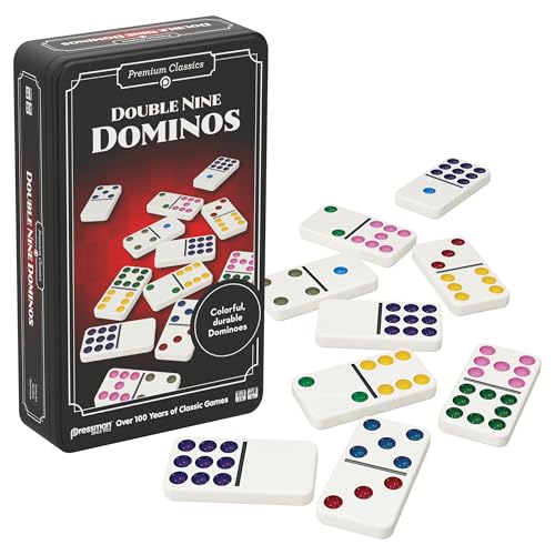 Goliath - Conjunto de mesa de família duplo 9 dominos, clássico para crianças, a partir de 5 anos, 55 fichas de dominó numeradas para 1 a 8 jogadores, caixa de viagem de metal para jogos de dominó