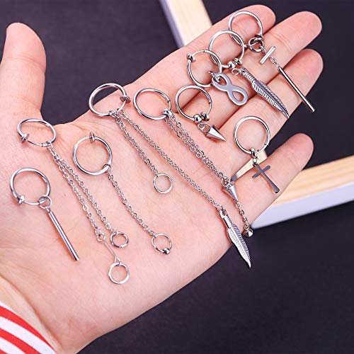 Magitaco 10 Pieces Hoop Dangle Earrings For Men Women Clip On Earrings Non Piercing Stainless Steel Dangle Hinged Hoop Earrings Long Chain Pendant Earrings Silver Kpop Earrings #TOP5